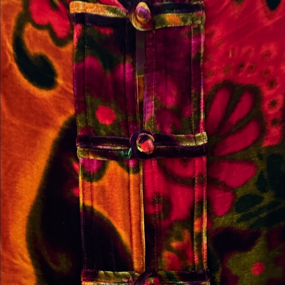 Chico's Red & Orange Floral Velvet Mandarin Button-Front Jacket - Picture 3 of 7